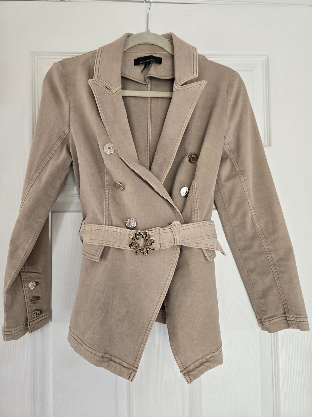 White House Black Market Tan Double-Breasted Blazer with Decorative Belt